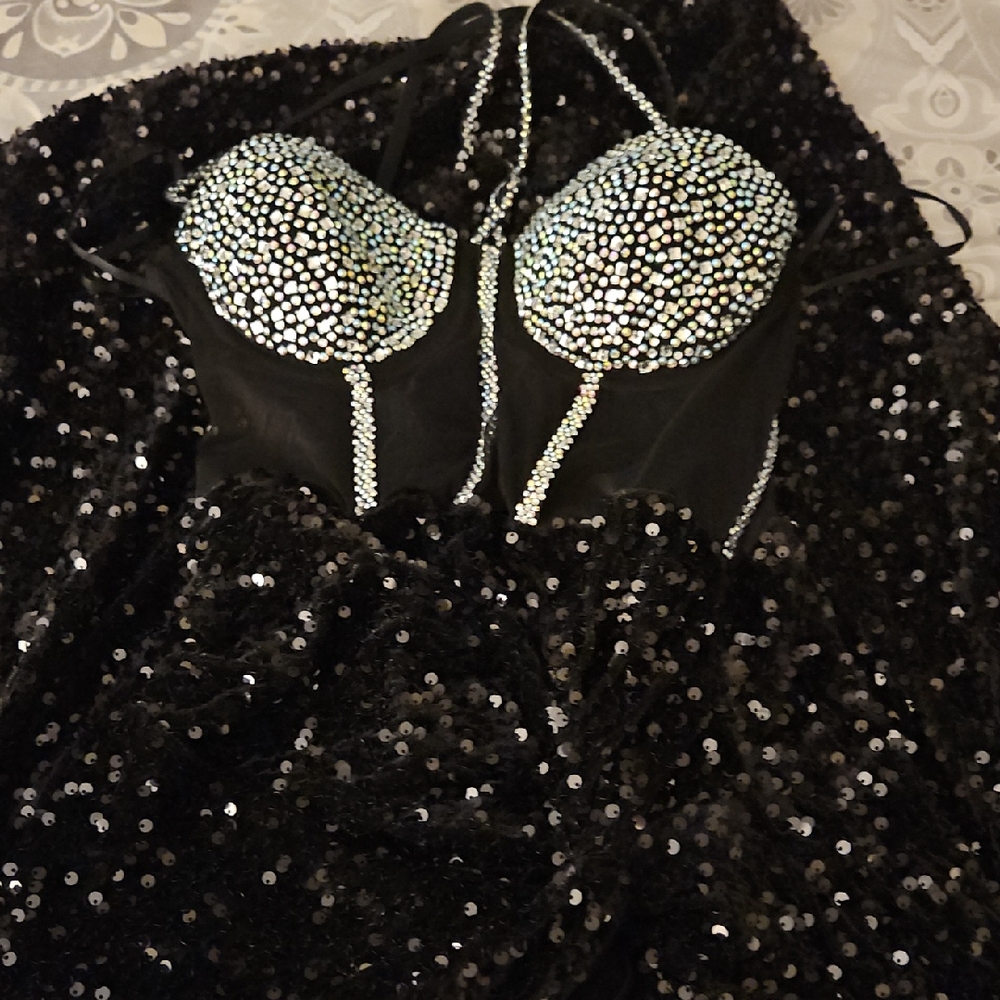Black Sequin Dress with Rhinestone Bust